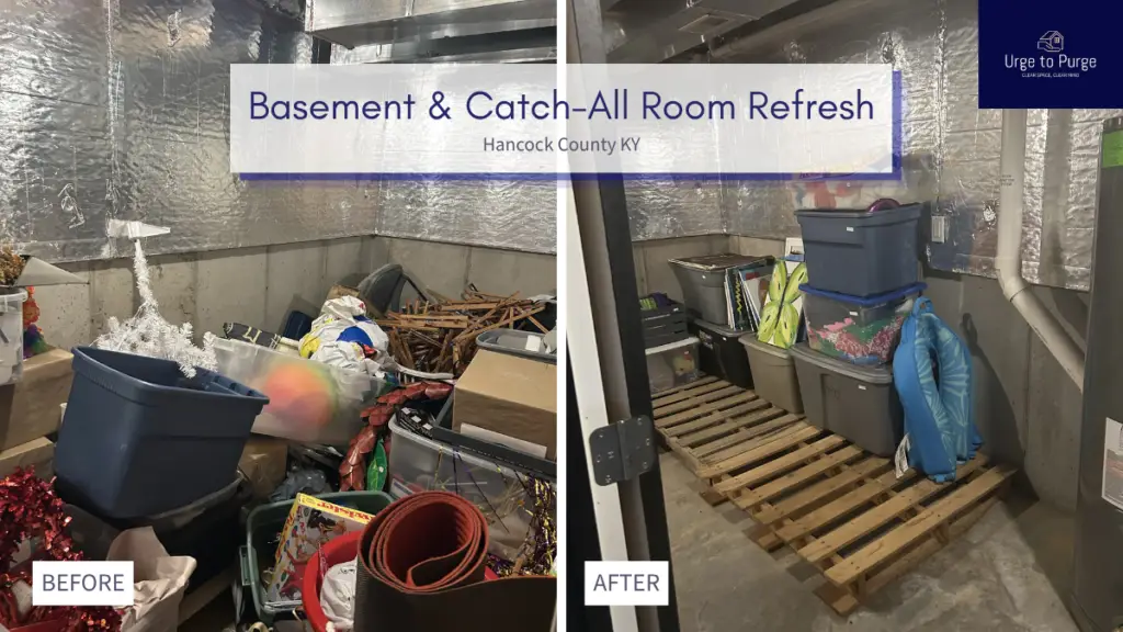 Before and after — a basement and catch-all room cleared and given labeled storage, basement in Union, KY