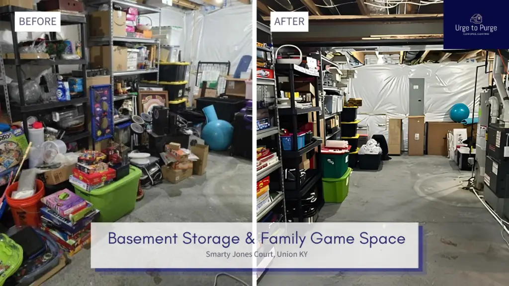 Before and after — a basement used for storage, then a cleared family game space, basement in Union, KY