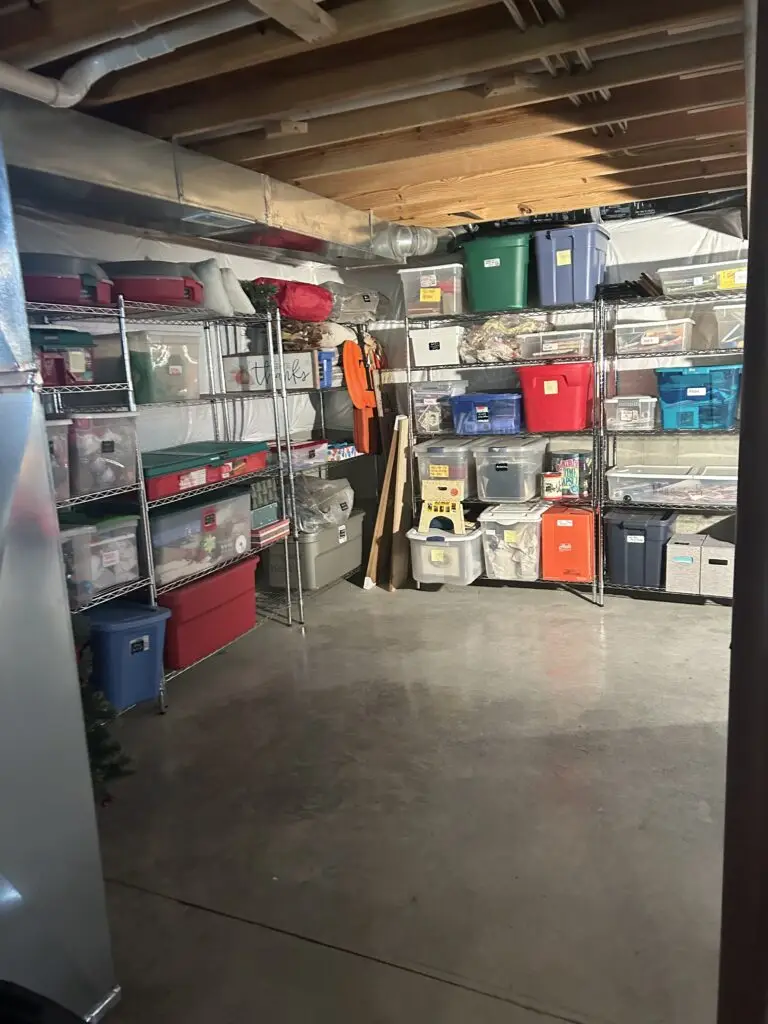 After — labeled clear bins sorted by name on chrome wire shelving above a cleared floor, basement in Independence, KY