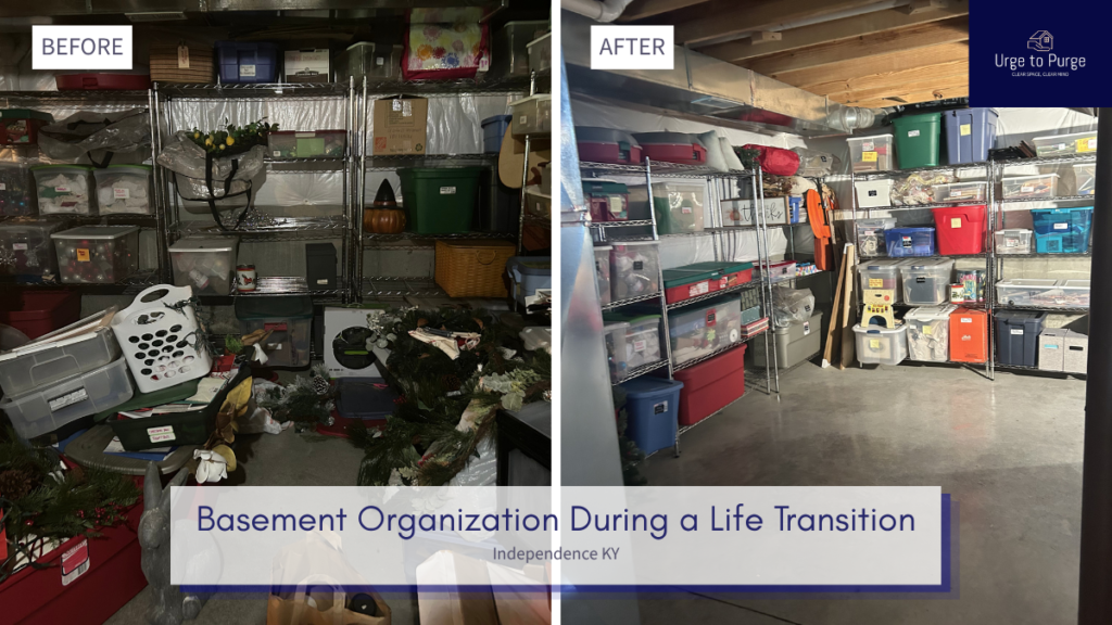 Before and after — a full basement floor, then labeled bins on clear shelving, basement in Independence, KY