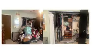 Before and after — a laundry basket of clothes piled on boxes in front of the closet, then hung clothes, folded stacks and bins on the floor, main closet in Cincinnati, OH