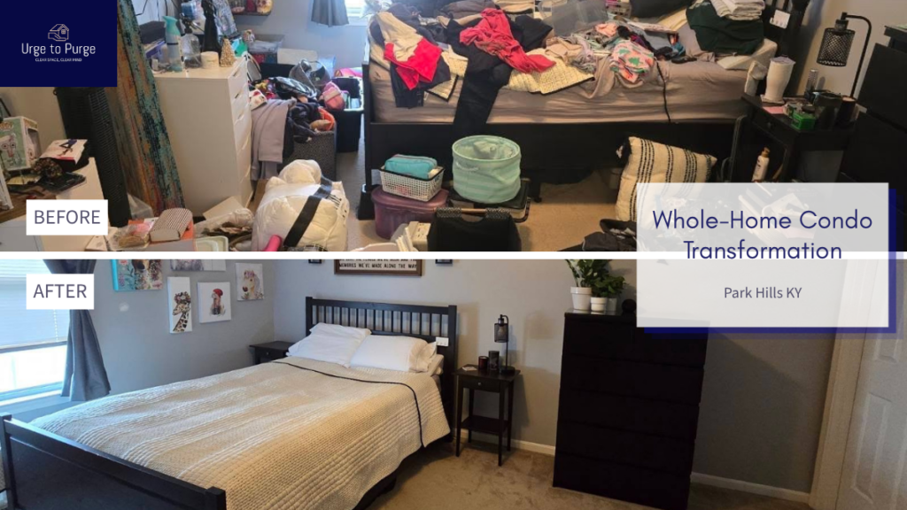 Before and after — a condo garage, bedroom and closet organized across a whole home, condo in Park Hills, KY