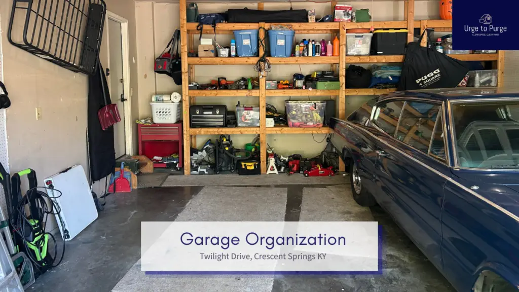 After — a garage workshop with toolboxes in a row, lidded bins and a clear floor, garage in Crescent Springs, KY