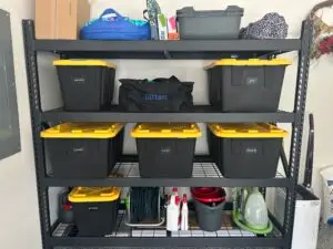 After — shelving with bins labeled decorations, pet, travel, tools, cleaning and workout, with a hose reel and cleaning kit on the bottom shelf, garage in Union, KY