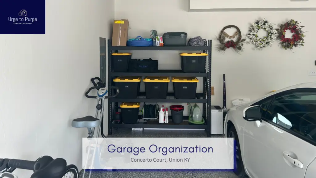 After — a garage with six labeled bins on one shelving unit and a car on a clear floor, garage in Union, KY