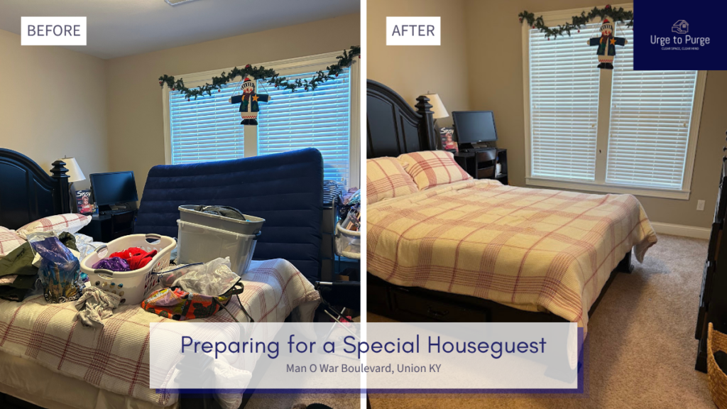 Before and after — a guest bedroom and bathroom cleared and made ready for a visitor, guest room in Union, KY