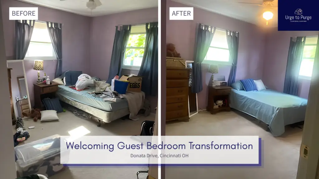 Before and after — a guest bedroom made ready for visitors with a made bed and clear floor, guest bedroom in Cincinnati, OH