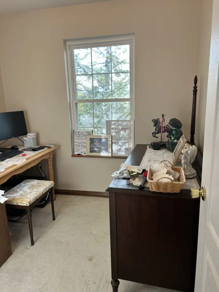 After — a clear desk, clear carpet and a tidy dresser beside the window, home office in Elsmere, KY