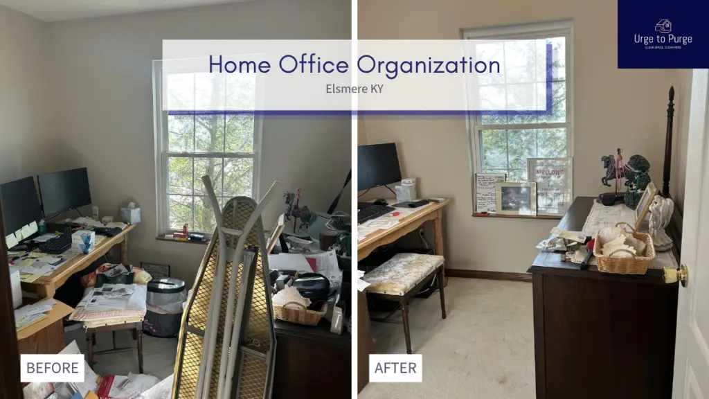Before and after — a home office with covered surfaces, then a clear desk and tidy shelves, home office in Elsmere, KY