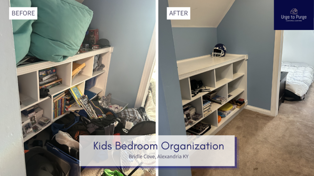 Before and after — a laundry room counter and a boys bedroom cleared and organized, laundry room in Alexandria, KY