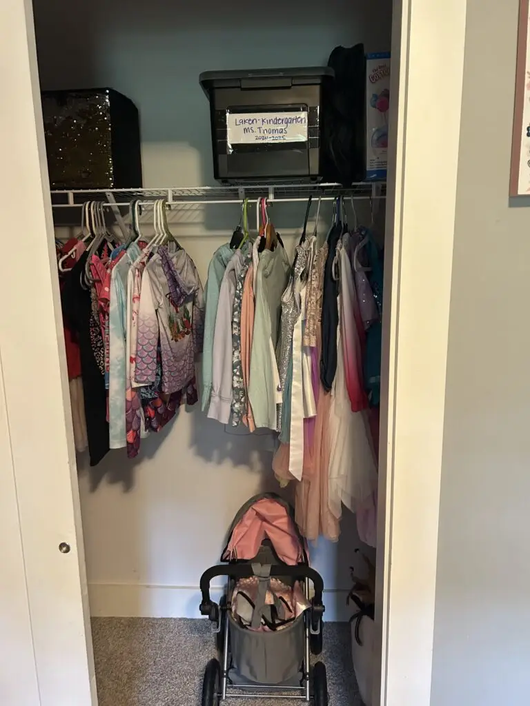 After — clothes spaced along a rail at child height with labeled bins stored above, bedroom closet in Covington, KY
