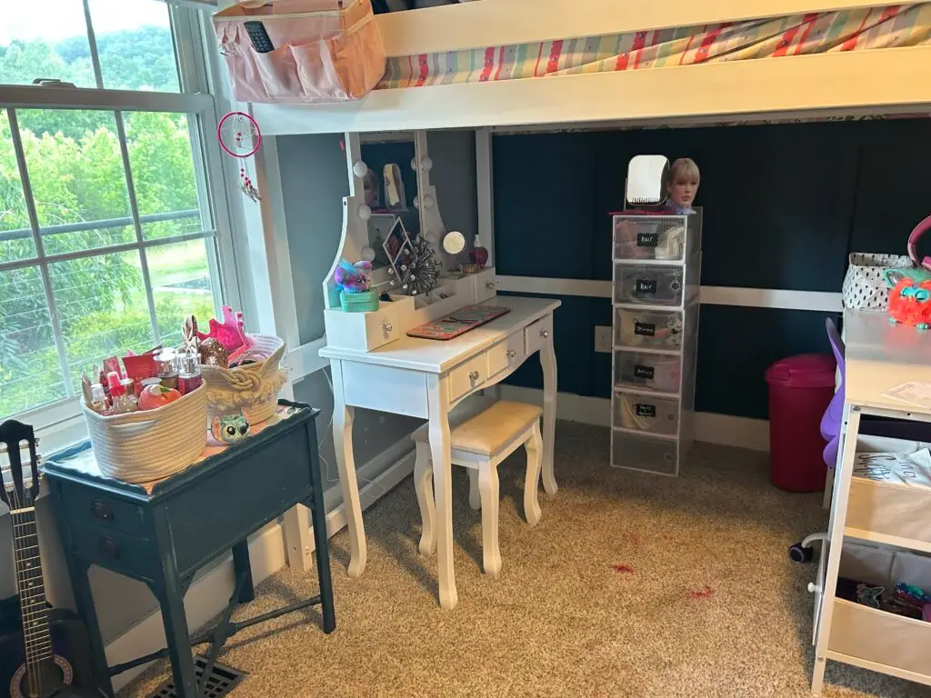 After — a clear floor, a tidy vanity and a labeled clear-drawer tower, girl's bedroom in Covington, KY