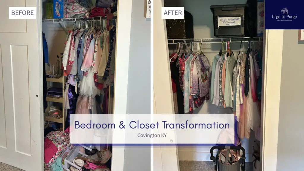 Before and after — a packed kids bedroom, then sorted clothes and a clear floor, kids bedroom in Covington, KY