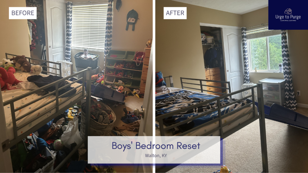 Before and after — a boys bedroom with toys and clothes cleared and storage added, kids bedroom in Walton, KY