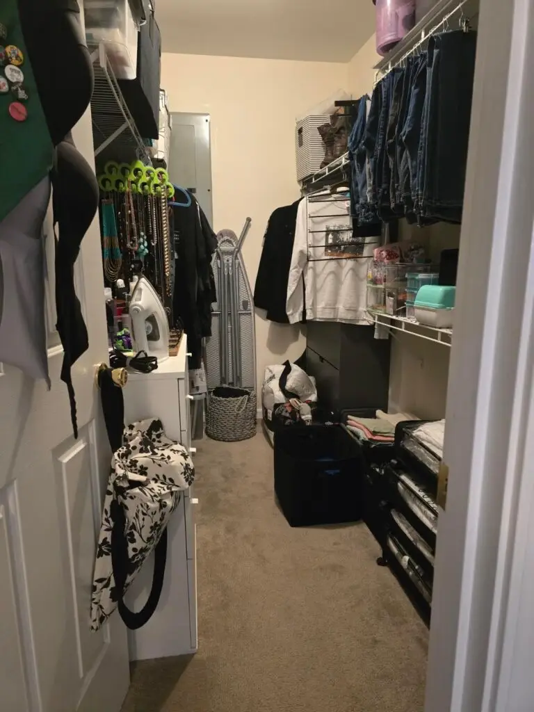 After — a clear carpet path, jeans hung together, necklaces on hooks and folded clothes stacked on the shelf unit, walk-in closet in Park Hills, KY