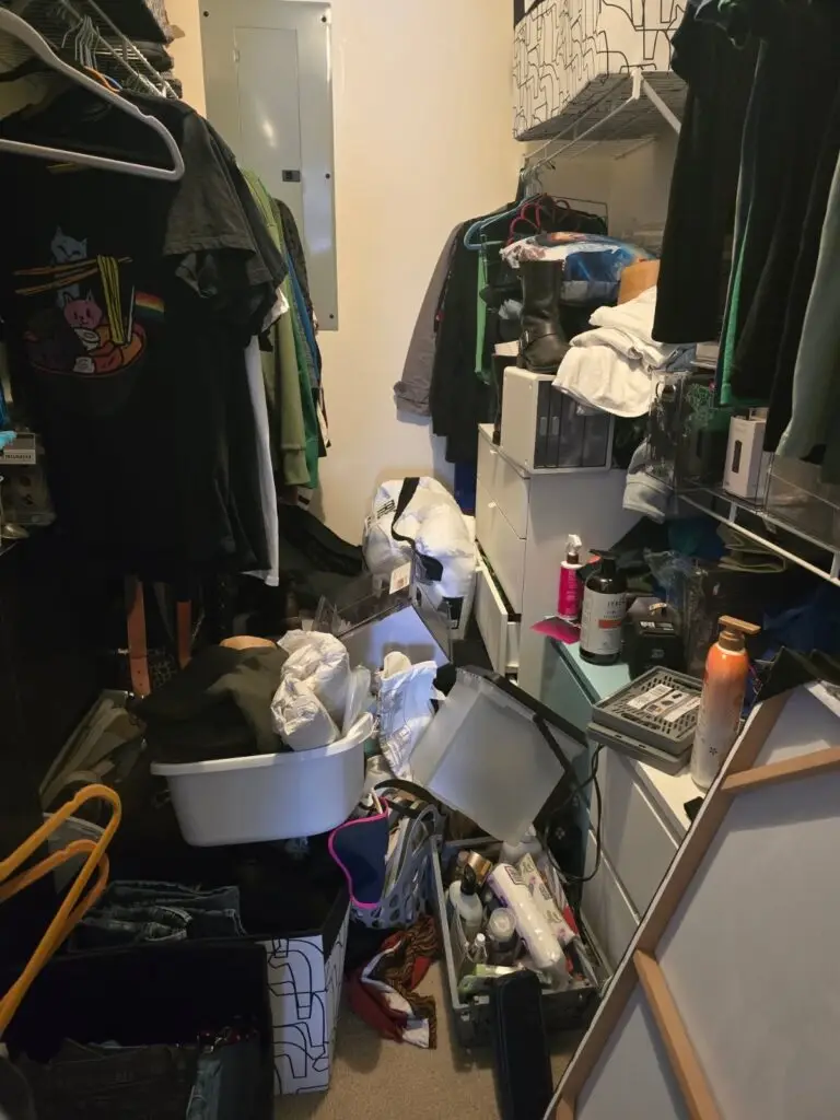Before — laundry baskets, toiletries and boxes covering the floor between two crowded clothes rails, walk-in closet in Park Hills, KY