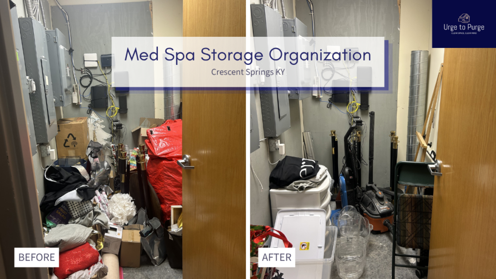 Before and after — a med spa storage room reorganized into labeled, stocked shelving, storage room in Crescent Springs, KY