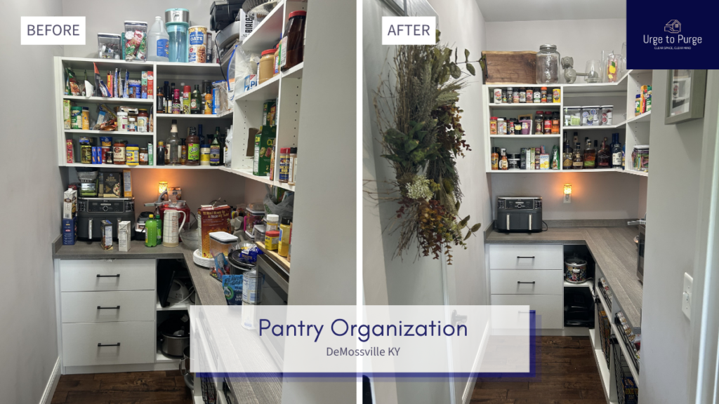 Before and after — a packed pantry, then decanted goods in matching containers, pantry in Demossville, KY