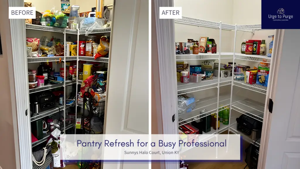 Before and after — an overflowing pantry, then organized shelves with clear bins, pantry in Union, KY