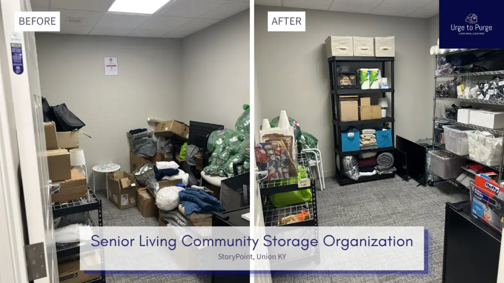 Before and after — an overcrowded community storage room, then labeled shelving, storage room in Union, KY